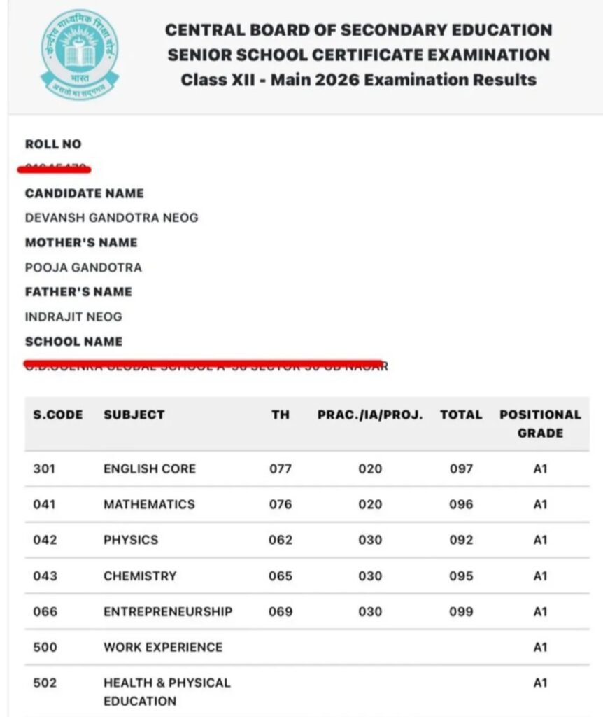 CBSE Board Class 12th Compartment Result 2026